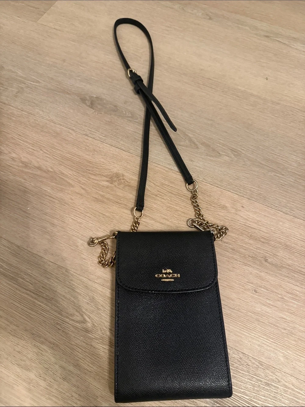 Coach Black Leather Crossbody Phone Pouch with Gold Hardware